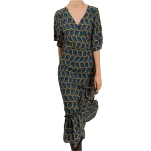 Abito seta e sale avvolgente blu verde pavone floreale western bohemien preppy taglia small - Foto 1 di 7