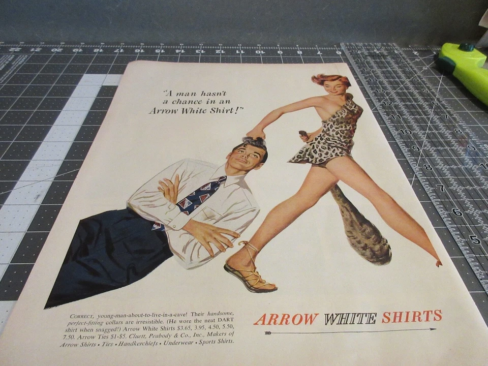 Camisas brancas flecha 1949, sexy garota da caverna, anúncio com estampa vintage - Imagem 1 de 4