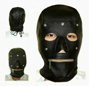 Removable eye-pad zip-mouth head Mask PU Leather Gimp Hooded Sensory Deprivation