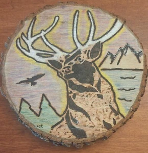 Wood Burning Handcarved Wooden Deer Buck Wall Hanging Art Mountain Terrain - Picture 1 of 7