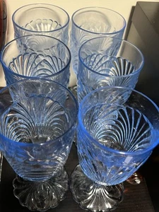 CAMBRIDGE CAPRICE MOONLIGHT BLUE FOOTED WATER GOBLETS SET OF 6 - Picture 1 of 9