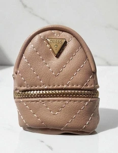 GUESS Mini Backpack Keychain PU Leather Beige/Taupe Tone Quilted Gold Logo Charm - Picture 1 of 10