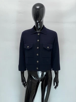 Allude 海军蓝处女羊毛羊绒 3/4 袖短开衫 XS 码 — 第 1/4 张图片