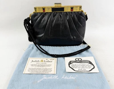 Vintage JUDITH LEIBER Lizard Square Tassel Clutch Crossbody Bag Small Black Gold - Image 1 of 4