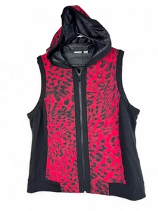 Chico's Vest Red Black Animal Print Hooded Full Zip Pockets Size 3 US XL - Picture 1 of 10