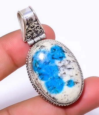 Художественный кулон K2 синий - азурит кварц серебро 925 пробы 1,95 дюйма A324 - Изображение 1 из 4