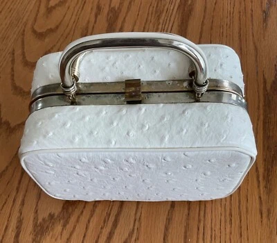 Lou Taylor Vintage Purse Off White Ostrich Leather Handbag Double Handle 1950s - Image 1 of 4