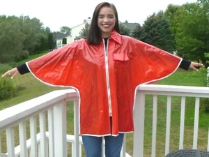 Vtg 60s MOD Aqua Sheen Red White Vinyl Rain Poncho Cape Zip Front Hong Kong - Picture 1 of 12