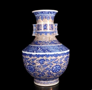Vecchio vaso cinese blu e bianco firmato Qianlong 36 cm con fiore N1464 - Foto 1 di 9