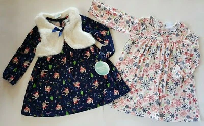 Nannette Bebé Niña Conjunto de 3 Piezas Vacaciones 2 Vestidos Manga Larga y Chaleco Talla 24M Nuevo Foto 1 de 4