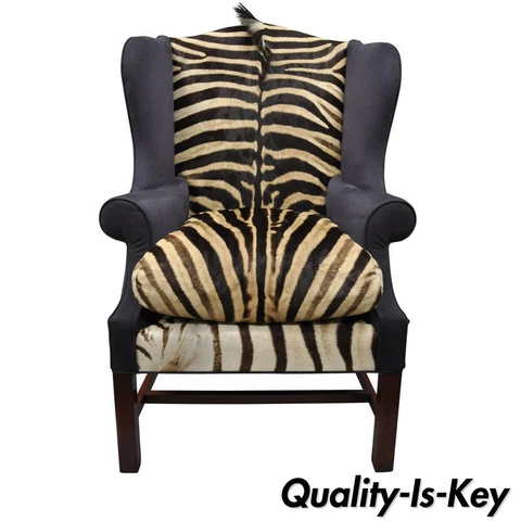 Zebra Hide Blue Suede Mahogany English Georgian Style Wingback Library Chair Cover