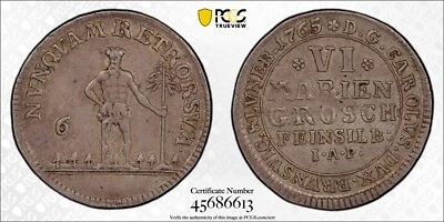1765-IAP German States BRUNSWICK-WOLFENBUTTEL 6 Maringroschen Silver PCGS AU-55 - Image 1 of 2