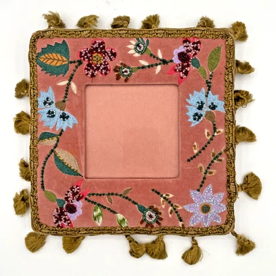 Boho Ornate Fabric Photo Frame - Pink with Embroidered & Beaded Flowers Tassels - Image 1 of 4