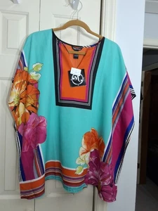 Millenium Women’s Multicolored Square Sleeves Striped/Flower Kaftan Blouse Sz M - Picture 1 of 9