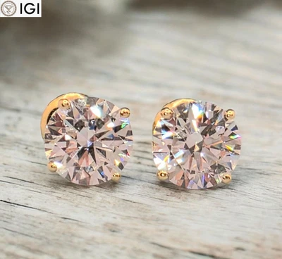 2 克拉圆形实验室种植钻石单颗螺丝背耳环 14k 纯金 — 第 1/4 张图片