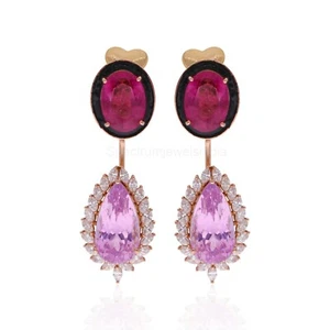 Pink Tourmaline & Morganite Lab Grown CVD Diamond Dangle Earrings 18k Rose Gold - Picture 1 of 8