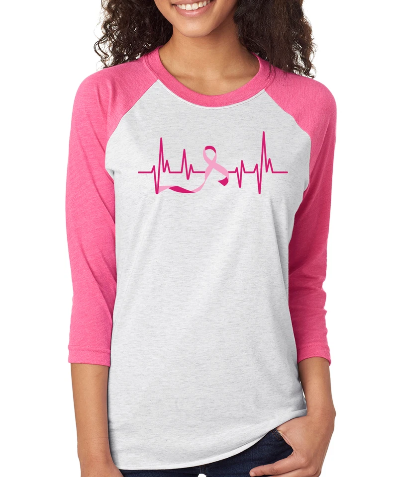 Camiseta manga 3/4 RIBBON HEARTBEAT SUPPORT CONCIENTIZACIÓN SOBRE EL CÁNCER DE MAMA CORAZÓN PARA MUJER Foto 1 de 1