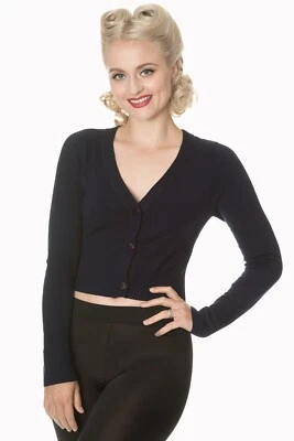 Navy Cropped Button Vintage Retro V-Neck Long Sleeves Cardigan BANNED Apparel - Image 1 of 4