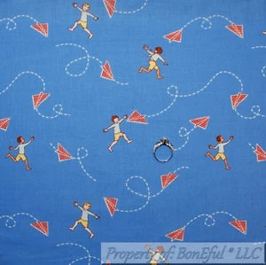 BonEful FABRIC FQ Cotton Quilt VTG Blue White Red KITE Sky Beach Boy Retro BOHO - Picture 1 of 15