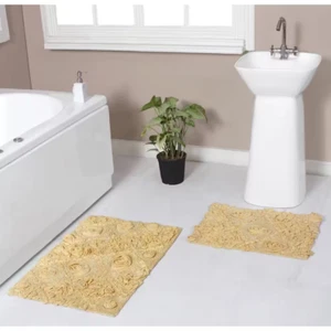 Modesto Bath Rug 100% Cotton Bath Rug Set, Machine Wash, 2 Pcs Set(S+M), Yellow - Picture 1 of 8