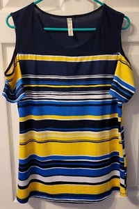 PerSeption Concept Short Sleeve Top Blouse Blue & Yellow L Shirt RN #96257 - Picture 1 of 7