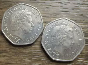 Queen Elizabeth Großbritannien Great Britain 50 Pence Coin Lot 1999 und 2001 - Bild 1 von 2