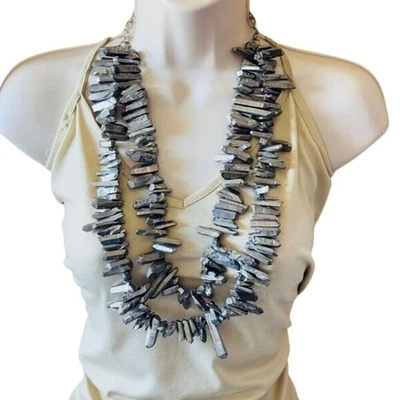 Sassy Jones SJ Necklace Silver Metallic point Quartz Beads Statement Runway 28" - Image 1 of 4
