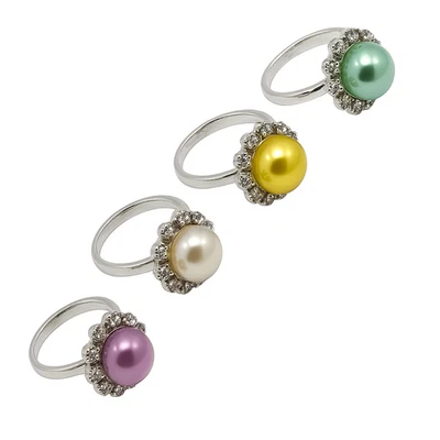 Juego de 4 anillos ajustables de acero inoxidable para mujer - perlas de imitación de circonita Foto 1 de 4