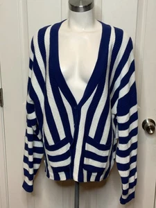 J. Cardigan boutonné bleu foncé et blanc rayé côtelé Crew, taille XL - Photo 1/7