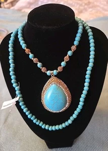 Gorgeous Faux Turquoise, Rhinestone Goldtone Beaded Pendant Reversable - Picture 1 of 5