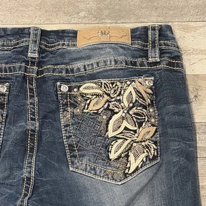 EUC MISS ME JEANS SZ 32 MID RISE EASY CROP EMBELLISHED RHINESTONE Y2K DENIM BLUE - Picture 1 of 20