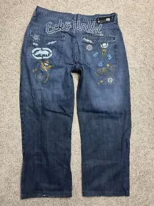 Vtg Ecko Unltd Baggy Fit Graffiti Skater Rhino Skull Blue Jeans Mens 40 (38x29) - Picture 1 of 15