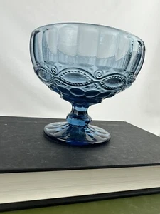 Vintage Style Blue Embossed Glass Ice Cream Or Candy Bowl Pedestal SET of 4 - Picture 1 of 8
