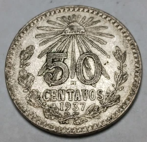 1937 Mexico 50 Centavos - Silver Coin - Cap and Ray - 1/2 Peso - Picture 1 of 2