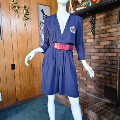 Vtg 80s American Preppy Secretary Shorts Romper Collegiate Blazer Power Suit S/M - Image 1 of 4