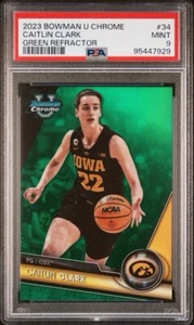 Bowman U 2023 cromo Caitlin Clark PSA 9 #34 REFRACTOR BRILLO VERDE #’d/99!!! - Imagen 1 de 3