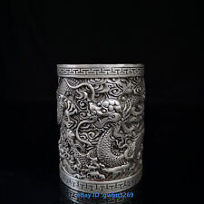 Chinese Old Tibet silver Hand-carved Dragon Statue Pen holder Brush Pots 21662