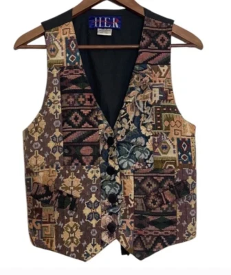 Vintage Tapestry Vest Women Small Beige Pink Black Southwest 90s Mom Waistcoat - Imagem 1 de 4