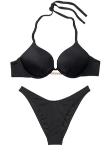 Victoria's Secret BOMBSHELL Push Up SWIM SET Shine brazilian logo 2 cups BLACK - Picture 1 of 15