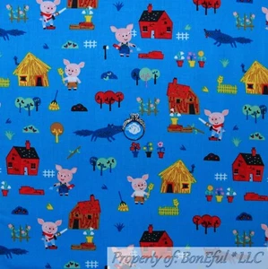BonEful FABRIC Cotton Quilt Blue Sky Red Barn 3 Little Pigs VTG Farm House SCRAP - Picture 1 of 13
