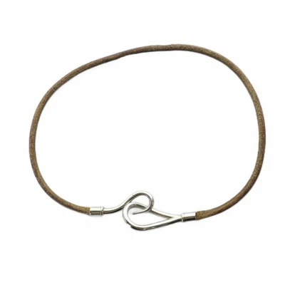 HERMES Jumbo Choker 配件项链标志皮革银色棕色 GY19 — 第 1/4 张图片