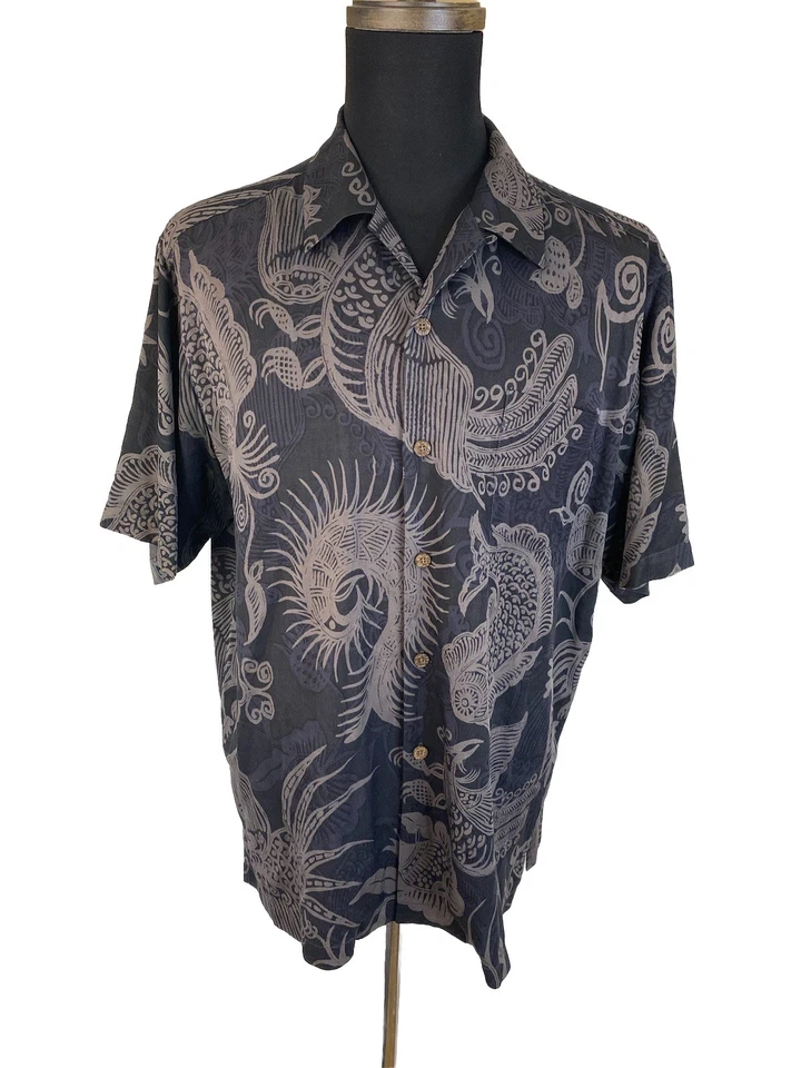 Tommy Bahama Hawaiian Shirt Mens Black Silk Bambo Sea Life Print - Image 1 of 4