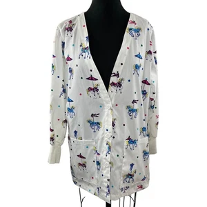 Landau White Scrub Top Cotton Carousel Long Sleeve Button Front Size M Med NEW - Picture 1 of 8