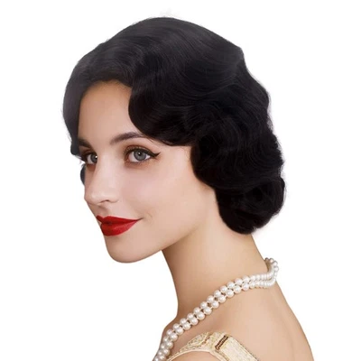 REEWES Long 1920s Wig Finger Wave Wig Curly Short Wig Vintage Wigs for Women ... - Image 1 of 4