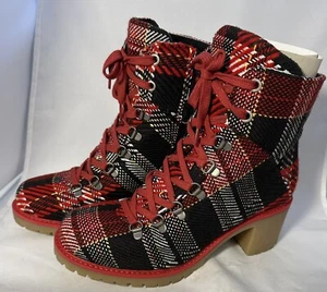 Eric Michael Indigo Lace-Up Boots Side Zip Red/Black 2 1/4" Heels Size 7 1/2 - Picture 1 of 9