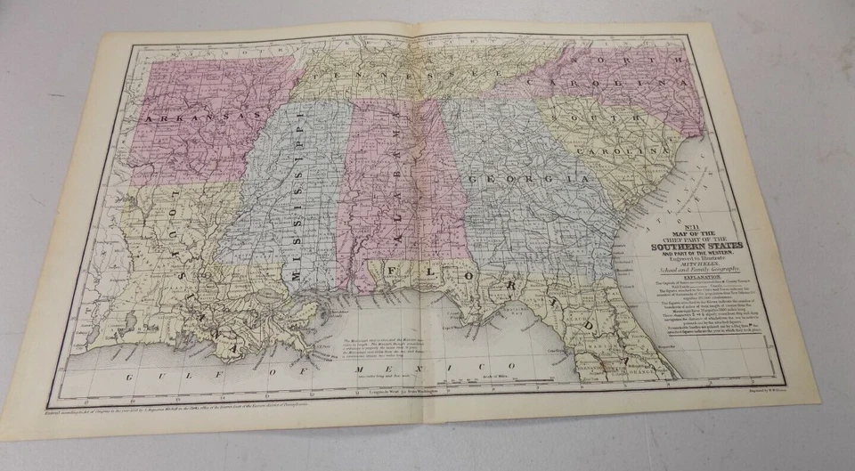 Mapa Mitchell de 1858 de los estados del sur / FL, GA, NC, SC, AL, TN, MS, LA, AR Foto 1 de 1