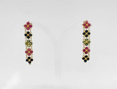 Blumen Ohrhänger Edelsteine 750 Gelbgold Rubin Saphir Peridot - Bild 1 von 4