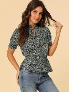 Allegra K Women Floral Ruffle Neck Casual Smocked Short Sleeve Peplum Blouse M - Picture 1 of 16