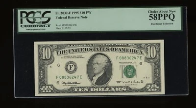 DBR 1995 $10 FRN Atlanta Fr. 2032-F PCGS 58 PPQ Serial F08836247E - Image 1 of 2