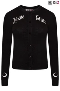 Moon Child Embroidered Knit Cardigan - Long Sleeve Round Neck Rockabilly Sweater - Picture 1 of 6